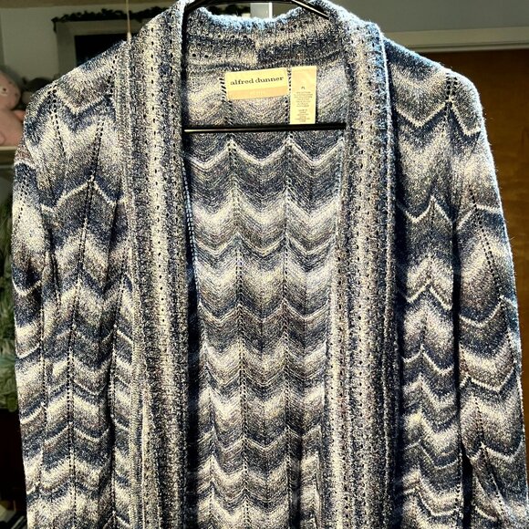 Alfred Dunner Knit Open-Front Chevron Blues Cardigan SZ Petite Large - Picture 1 of 4